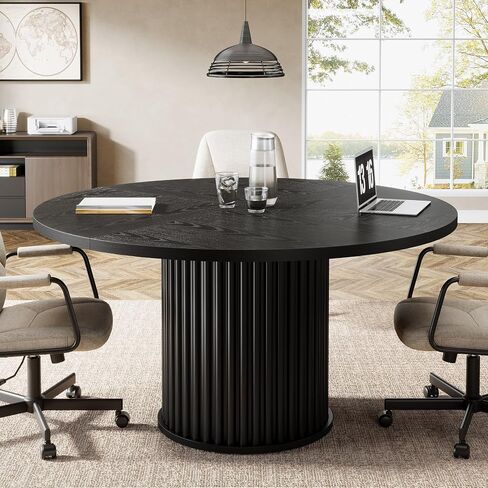 Tribesigns 47-Inch Round Conference Table, Meeting Table for 4-6 People, Small Office Desk with Sturdy Metal Base, Perfect for Conference Room or Small Workspaces, Brown + Black in Saudi Arabia