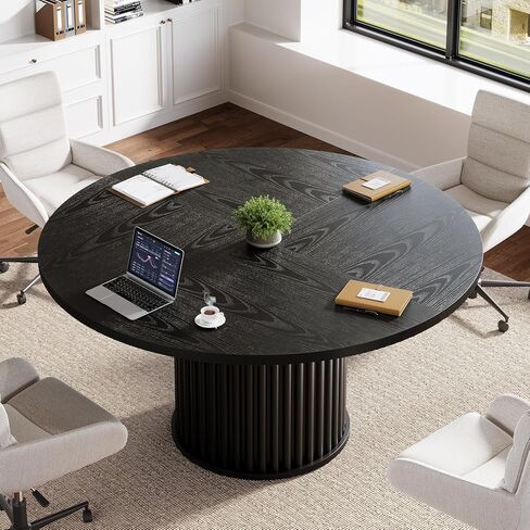 Tribesigns 47-Inch Round Conference Table, Meeting Table for 4-6 People, Small Office Desk with Sturdy Metal Base, Perfect for Conference Room or Small Workspaces, Brown + Black in Saudi Arabia