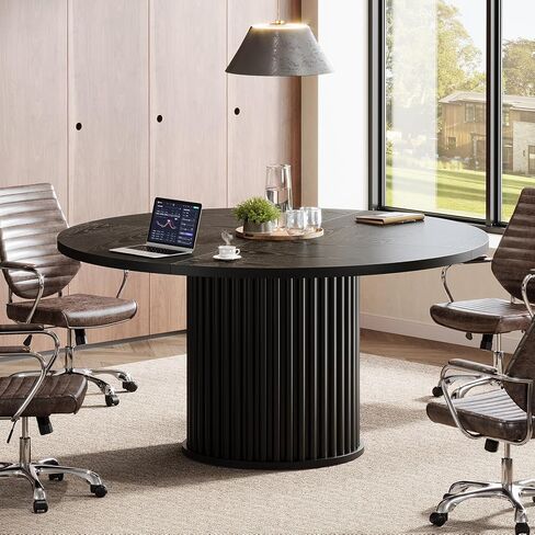 Tribesigns 47-Inch Round Conference Table, Meeting Table for 4-6 People, Small Office Desk with Sturdy Metal Base, Perfect for Conference Room or Small Workspaces, Brown + Black in Saudi Arabia