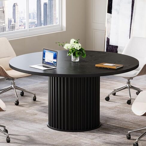 Tribesigns 47-Inch Round Conference Table, Meeting Table for 4-6 People, Small Office Desk with Sturdy Metal Base, Perfect for Conference Room or Small Workspaces, Brown + Black in Saudi Arabia