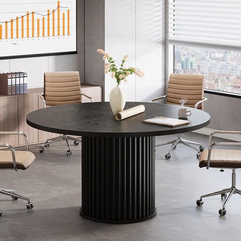 Tribesigns 47-Inch Round Conference Table, Meeting Table for 4-6 People, Small Office Desk with Sturdy Metal Base, Perfect for Conference Room or Small Workspaces, Brown + Black in Saudi Arabia