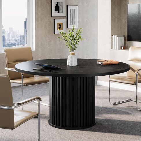 Tribesigns 47-Inch Round Conference Table, Meeting Table for 4-6 People, Small Office Desk with Sturdy Metal Base, Perfect for Conference Room or Small Workspaces, Brown + Black in Saudi Arabia