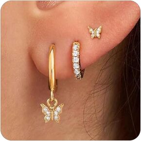 3 Pairs Gold Earrings for Women 14K Gold Plated Hypoallergenic Dainty Small Stud Bow Clover Butterfly Pearl Heart Dangle Cartilage Stacks Huggie Hoop Earrings Sets for Women Gold Jewelry Gifts in Kuwait