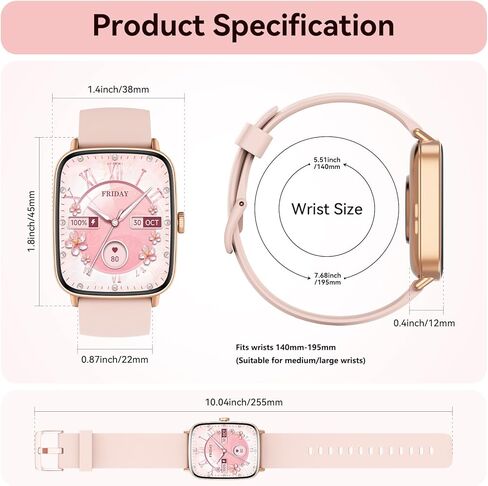 Tensky Smart Watch for Women Android & iPhone, 1.85" Touch Screen Fitness Tracker with Answer/Make Call, IP68 Waterproof 24/7 Health/Sleep Monitor, Pedometer, 100+ Sport Modes (2 Bands) in Kuwait