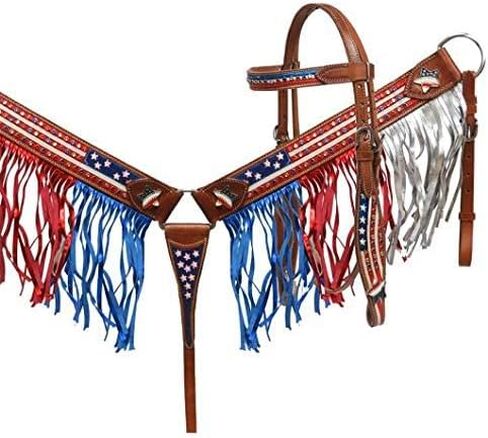 Showman American Flag Painted Headstall & Breast Collar Set w/Fringe & Reins in Saudi Arabia