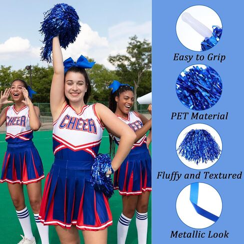 36Pcs Cheerleading Pom Poms Blue Metallic Foil Cheer Pom Poms with Baton Handle Squad Team Spirited Fun Cheer Pompoms Bulk for Cheerleader Spirit Sports Dance Game Party Cheer in Saudi Arabia