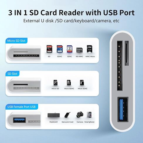 SD Card Reader for iPhone iPad, Support SD/MicroSD Cards, Portable High-Speed Digital Trail Game Camera to iPhone Viewer, White Dual Connector Memory SD Card Adapter, 2 Slots Plug and Play in Kuwait