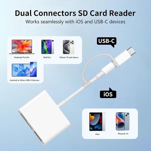 SD Card Reader for iPhone iPad, Support SD/MicroSD Cards, Portable High-Speed Digital Trail Game Camera to iPhone Viewer, White Dual Connector Memory SD Card Adapter, 2 Slots Plug and Play in Kuwait
