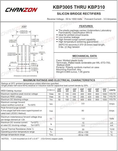 (حزمة من 20 قطعة) Chanzon KBP310 Bridge Rectifier Diode 3A 1000V KBP-4 (SIP-4) مرحلة واحدة ، الموجة الكاملة 3 أمبير 1000 فولت ثنائيات السيليكون الإلكترونية in Saudi Arabia