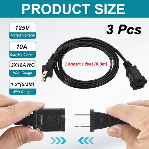 Patikil 4.93ft سلك التمديد ، SPT-2 18AWG ETL مدرج 3 حزمة أسود داخلي ملحق في الهواء الطلق سلك 2 PRONG Power Wire الإناث/ذكر قابس منخفضة البارزة لتلفزيون المصباح لـ NEMA 1-15P إلى NEMA 1-15R in Kuwait