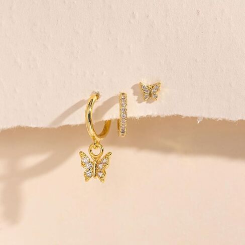 3 Pairs Gold Earrings for Women 14K Gold Plated Hypoallergenic Dainty Small Stud Bow Clover Butterfly Pearl Heart Dangle Cartilage Stacks Huggie Hoop Earrings Sets for Women Gold Jewelry Gifts in Kuwait