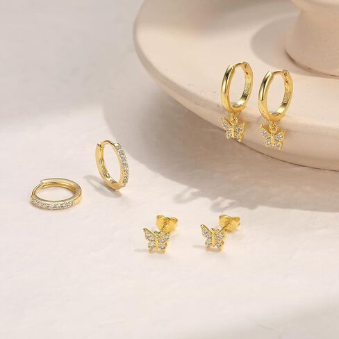 3 Pairs Gold Earrings for Women 14K Gold Plated Hypoallergenic Dainty Small Stud Bow Clover Butterfly Pearl Heart Dangle Cartilage Stacks Huggie Hoop Earrings Sets for Women Gold Jewelry Gifts in Kuwait