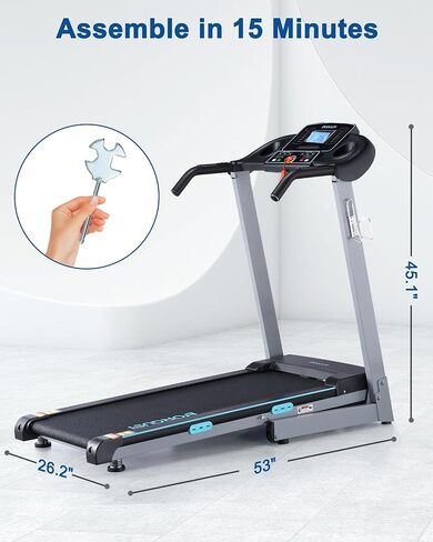 حلقة مفرغة ذات ميل تلقائي - سعة 300 رطل ، طاحونة كهربائية قابلة للطي بحجم 3.0 حصان تصل إلى 8.5 ميل في الساعة ، آلة تشغيل بحزام فقي واسع 17.5 بوصة ومكبر صوت بلوتوث للاستخدام المنزلي in Kuwait