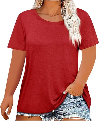 Plus Size Tops for Women Summer 2025 Short Sleeve Crew Neck Shirts Casual Loose Solid Basic Soft Tunic Blouse L-5X in Kuwait