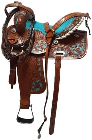 Leather Western Barrel Saddle from 10" to 18" with Combo Matching Headstall, Breast Collar, Front and Back Cinches Copper Rivets & Conchos (10 to 18 inches) in Saudi Arabia