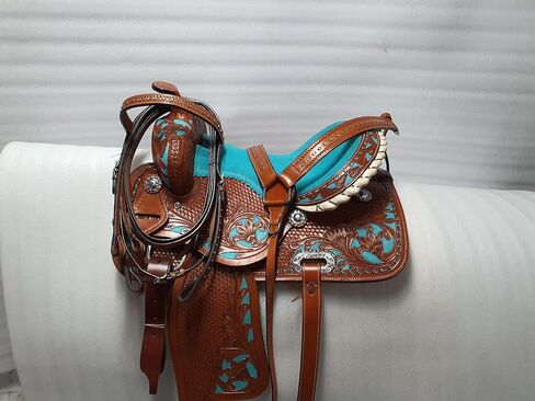 Leather Western Barrel Saddle from 10" to 18" with Combo Matching Headstall, Breast Collar, Front and Back Cinches Copper Rivets & Conchos (10 to 18 inches) in Saudi Arabia