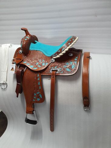 Leather Western Barrel Saddle from 10" to 18" with Combo Matching Headstall, Breast Collar, Front and Back Cinches Copper Rivets & Conchos (10 to 18 inches) in Saudi Arabia