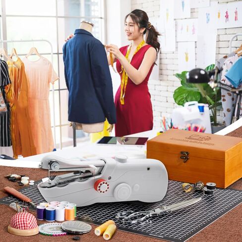 Handheld Sewing Machine with Exquisite Wooden Storage Box & 142-Piece Sewing Kit - Electric Switch, Dual Power Supply, Assorted Needles, Threads, Heavy Duty Scissors - Meets All Household Sewing Needs in Saudi Arabia