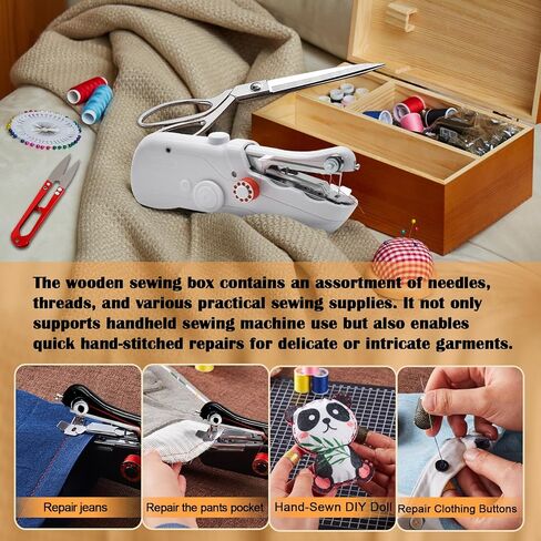 Handheld Sewing Machine with Exquisite Wooden Storage Box & 142-Piece Sewing Kit - Electric Switch, Dual Power Supply, Assorted Needles, Threads, Heavy Duty Scissors - Meets All Household Sewing Needs in Saudi Arabia