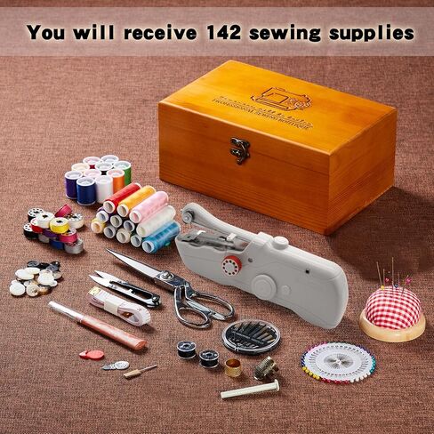 Handheld Sewing Machine with Exquisite Wooden Storage Box & 142-Piece Sewing Kit - Electric Switch, Dual Power Supply, Assorted Needles, Threads, Heavy Duty Scissors - Meets All Household Sewing Needs in Saudi Arabia