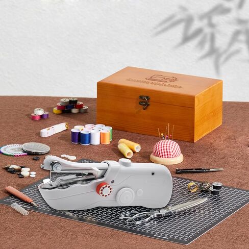 Handheld Sewing Machine with Exquisite Wooden Storage Box & 142-Piece Sewing Kit - Electric Switch, Dual Power Supply, Assorted Needles, Threads, Heavy Duty Scissors - Meets All Household Sewing Needs in Saudi Arabia