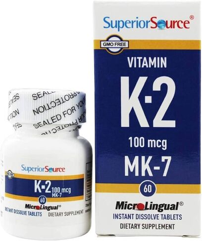 Superior Source Vitamin K2 MK-7 (Menaquinone-7), 100 mcg, Quick Dissolve Sublingual Tablets, 60 Count, Healthy Bones and Arteries, Immune & Cardiovascular Support, Assists Protein Synthesis, Non-GMO in Kuwait
