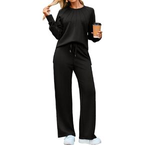 Glamaker Women's 2 Piece Lounge Sets Travel Airport Outfits Pleated Sweatshirts Wide Leg Tracksuit Matching Sweatsuits in Saudi Arabia