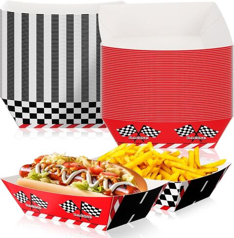 Baderke 100 Pcs 2lb Racing Car Party Paper Food Trays Disposable Checkered Paper Trays Nacho Boats Game Day Serveware Bulk Race Themed Food Tray Snack Party Baskets Supplies in Saudi Arabia