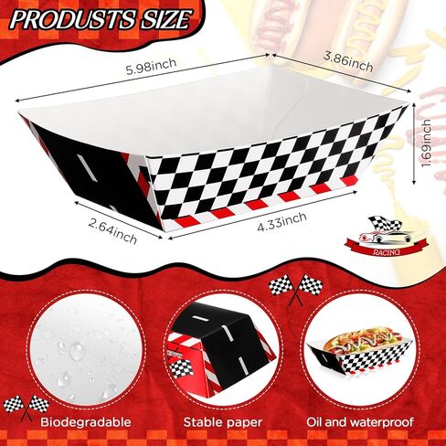 Baderke 100 Pcs 2lb Racing Car Party Paper Food Trays Disposable Checkered Paper Trays Nacho Boats Game Day Serveware Bulk Race Themed Food Tray Snack Party Baskets Supplies in Saudi Arabia