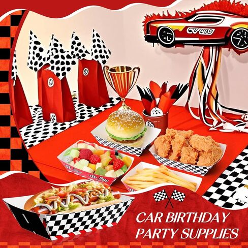 Baderke 100 Pcs 2lb Racing Car Party Paper Food Trays Disposable Checkered Paper Trays Nacho Boats Game Day Serveware Bulk Race Themed Food Tray Snack Party Baskets Supplies in Saudi Arabia