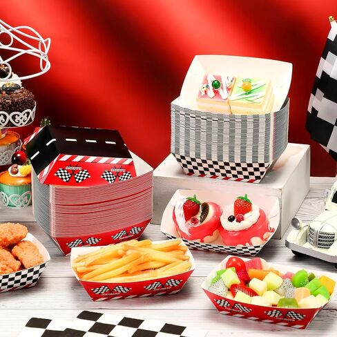 Baderke 100 Pcs 2lb Racing Car Party Paper Food Trays Disposable Checkered Paper Trays Nacho Boats Game Day Serveware Bulk Race Themed Food Tray Snack Party Baskets Supplies in Saudi Arabia