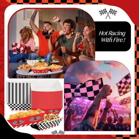 Baderke 100 Pcs 2lb Racing Car Party Paper Food Trays Disposable Checkered Paper Trays Nacho Boats Game Day Serveware Bulk Race Themed Food Tray Snack Party Baskets Supplies in Saudi Arabia