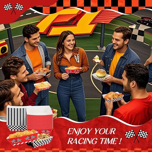 Baderke 100 Pcs 2lb Racing Car Party Paper Food Trays Disposable Checkered Paper Trays Nacho Boats Game Day Serveware Bulk Race Themed Food Tray Snack Party Baskets Supplies in Saudi Arabia