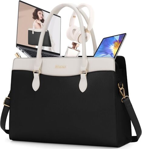 RAINSMORE Laptop Bag for Women 15.6 Inch Waterproof PU Leather Work Tote Bags Large Laptop Purse for Women Professional Womens Briefcase Computer Bags for Business Office Teacher, Black & White in Saudi Arabia