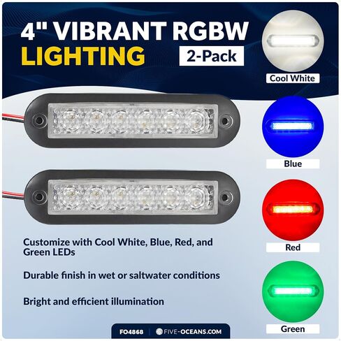 خمسة محيطات RGBW السائق الداخلي LED LED الأضواء الداخلية ، 4 بوصة ، 2 عبوة ، IP67 مقاومة للماء ، 12 فولت ، حبل التدفق للقوارب ، pontoons ، RVS ، FO4868 in Saudi Arabia