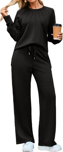 Glamaker Women's 2 Piece Lounge Sets Travel Airport Outfits Pleated Sweatshirts Wide Leg Tracksuit Matching Sweatsuits in Saudi Arabia