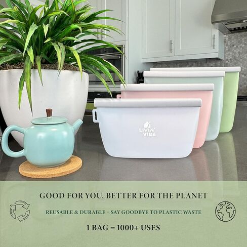 Reusable Silicone Food Storage Bags – Set of 4 Multicolor (500ml/17oz, 1000ml/34oz, 1500ml/51oz, 2000ml/68oz) – Leakproof, Freezer, Microwave, Oven & Dishwasher Safe, BPA-Free in Saudi Arabia