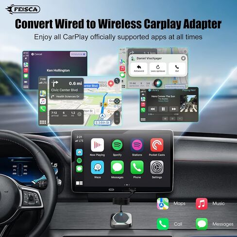 محول CarPlay اللاسلكي لـ iPhone ، قم بتحويل Wired إلى Apple Car Play المحول اللاسلكي ، والتوصيل والتشغيل ، مع 60 سم كابل USB و type-C ، اتصال مستقر بدون تأخير in Kuwait