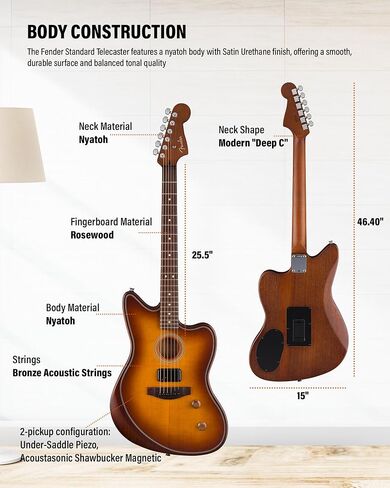 Fender Acoustasonic Standard Telecaster - حزمة انفجار العسل مع حزام ومجموعة تنظيف الجيتار وفيديو تعليمي أوستن بازار in Saudi Arabia