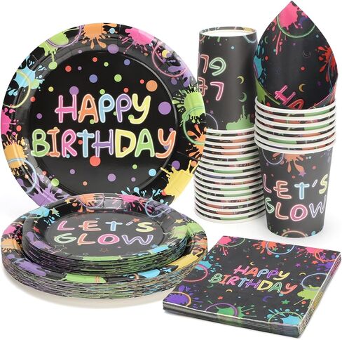96 Pcs Party Paper Plates and Napkins Sets, Pink Birthday Paper Plates and Napkins, Disposable Tableware Set, Party Supplies for Kids Happy Birthday, Serve for 24, Striped Edge Design in Kuwait