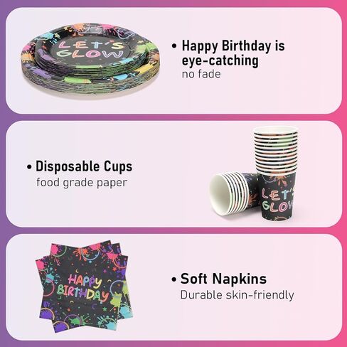 96 Pcs Party Paper Plates and Napkins Sets, Pink Birthday Paper Plates and Napkins, Disposable Tableware Set, Party Supplies for Kids Happy Birthday, Serve for 24, Striped Edge Design in Kuwait