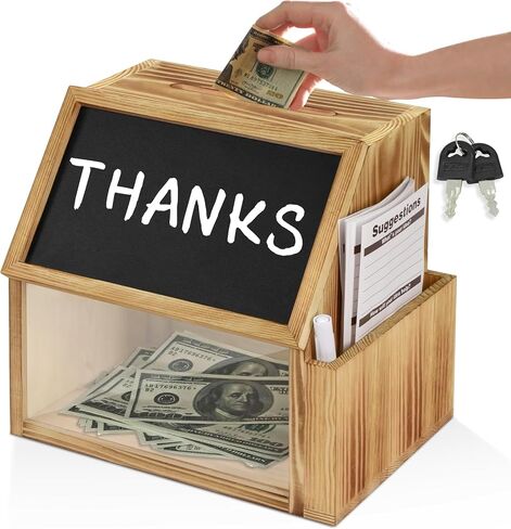 Wood Suggestion Box with Lock, Retro Donation Ballot Box with Slot Lock Chalkboard, Money Drop B for Tips Ballot Donation Comment, Includes 2 Keys, 20 Suggestion Cards, Pen in Saudi Arabia