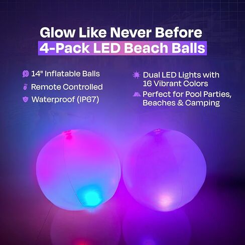 Nayuna Dual Lead Beach Ball - (4 عبوات) توهج في الكرات المظلمة لحوض السباحة والشاطئ - تضيء كرات الشاطئ لحفلة البركة - كرة متوهجة - توهج في كرة الشاطئ المظلمة. in Kuwait
