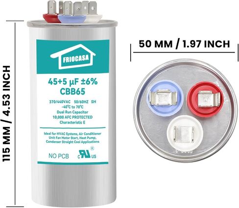 45/7.5 uF 45+7.5 MFD ±6% Ac Capacitor 370V/440V 50/60Hz CBB65B Air Conditioner Capacitors for AC Unit Fan Motor Start or Pool Pump or Air Condenser Straight Cool in Saudi Arabia