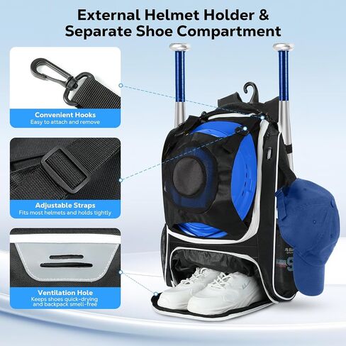 MoKo Baseball Bag, Softball Bag with External Helmet Holder & Fence Hook for T-Ball Bat Softball Equipment, Lightweight & Breathable Baseball Backpack with Shoe Compartment for Youth & Adult, Black in Saudi Arabia