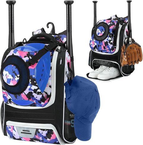 حقيبة البيسبول Moko ، حقيبة الكرة اللينة مع حامل خوذة خارجي وخطاف للسياج لمعدات Ball Bat Softball ، حقيبة ظهر للبيسبول خفيفة الوزن وبيسبول مع مقصورة للأحذية للشباب والبالغين ، الأسود in Kuwait