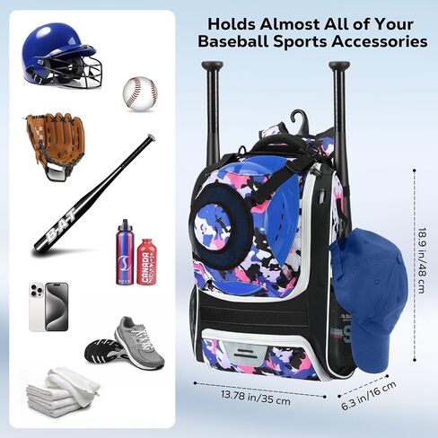 حقيبة البيسبول Moko ، حقيبة الكرة اللينة مع حامل خوذة خارجي وخطاف للسياج لمعدات Ball Bat Softball ، حقيبة ظهر للبيسبول خفيفة الوزن وبيسبول مع مقصورة للأحذية للشباب والبالغين ، الأسود in Kuwait