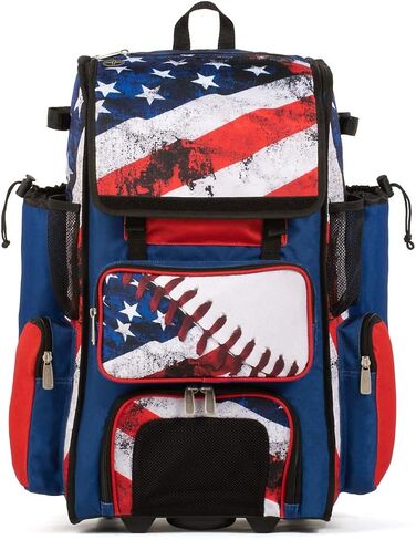 Boombah Rolling Superpack 2.0 Baseball/Softball Gear Bag - 23-1/2" x 13-1/2" x 9-1/2" - USA Baseball Royal/Red/White - Telescopic Handle - Holds 4 Bats - Wheeled Version in Saudi Arabia