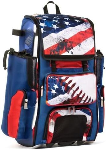 Boombah Rolling Superpack 2.0 Baseball/Softball Gear Bag - 23-1/2" x 13-1/2" x 9-1/2" - USA Baseball Royal/Red/White - Telescopic Handle - Holds 4 Bats - Wheeled Version in Saudi Arabia