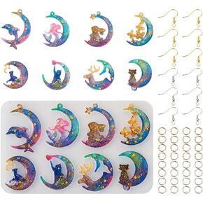 Holographic Earring Resin Mold Kit 1Pcs Holographic Heart Star Drop Triangle Rectangle Square Round Pendant Silicone Mold with 40Pcs Brass Earring Hooks 40Pcs Brass Jump Rings for DIY Earring in Saudi Arabia